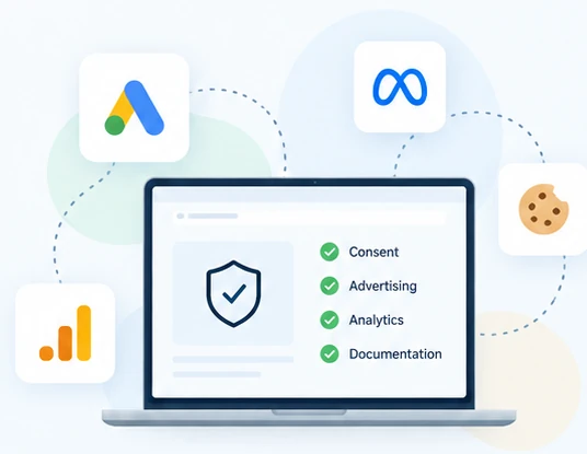 Illustration of a laptop showing privacy checks for consent, advertising, analytics, and documentation